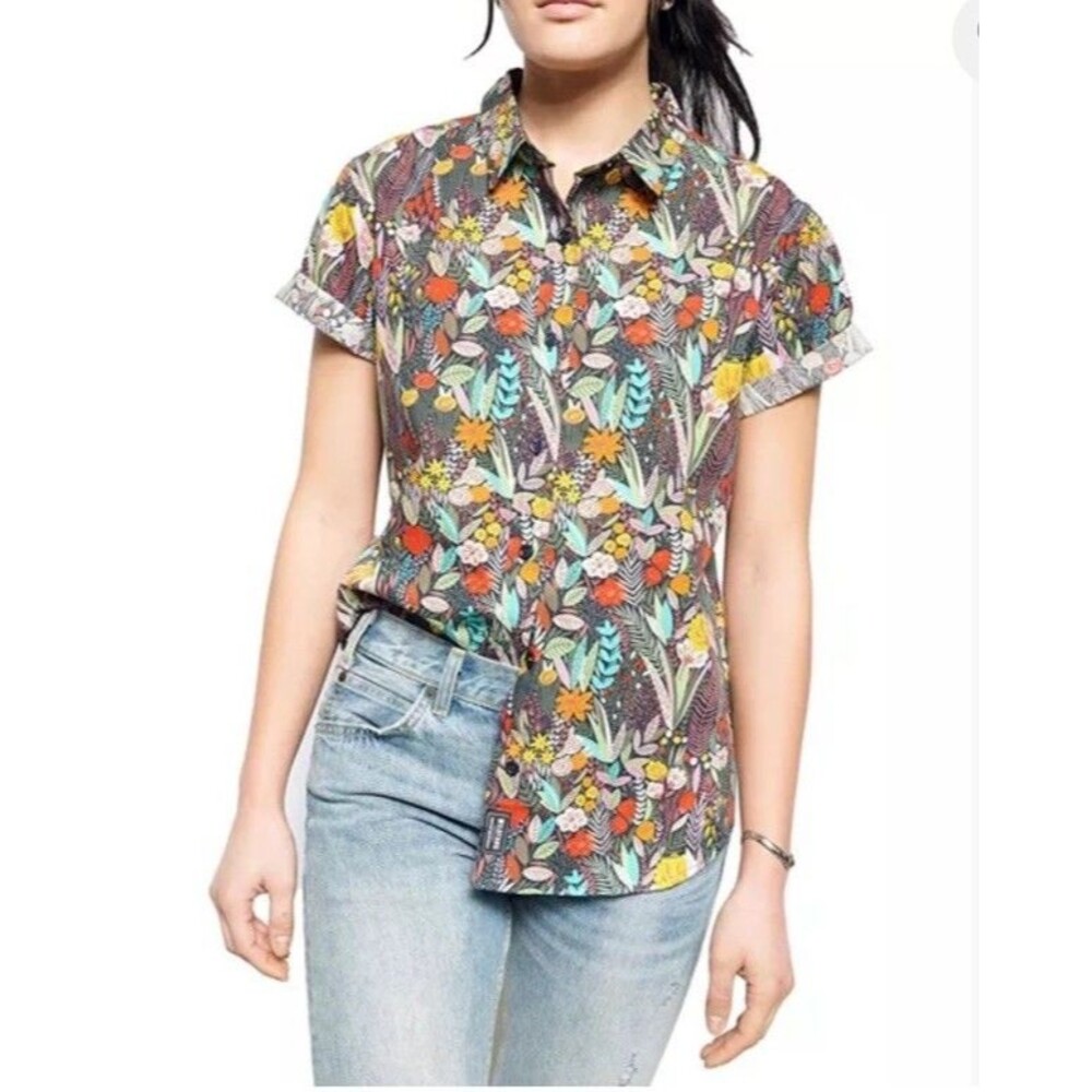 WILDFANG  Women The Essential Button Up Green/Blue Floral Shirt  Top Cotton Xl